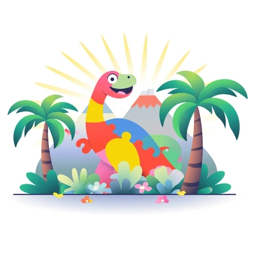 A friendly dinosaur made of colorful puzzle pieces in a prehistoric setting
