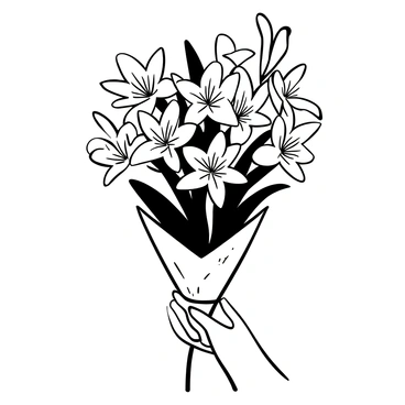 A hand gripping a bouquet of "spider lilies" wrapped in "rustic paper." The flowers have elongated petals with intricate details, their shapes prominently displayed. The hand is positioned at the base of the bouquet, firmly holding it upright. The rustic paper has a textured appearance, slightly crumpled, accentuating the natural feel of the arrangement. The background is minimal to keep the focus on the hand and the bouquet.