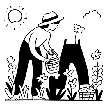 A gardener wearing a straw hat is bending down to pick "bee balm" flowers growing in a lush garden. The gardener is holding a woven basket in one hand, filled with freshly harvested flowers. The sun is shining brightly, casting distinct shadows on the ground, and creating a contrast with the surrounding greenery. Various "bee balm" flowers in full bloom surround the gardener, showcasing their unique shape and texture.