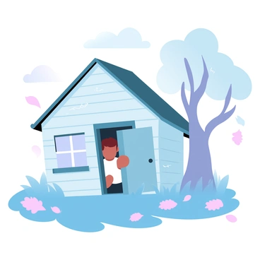 A house with visible cracks and wear, with a child peeking through the door