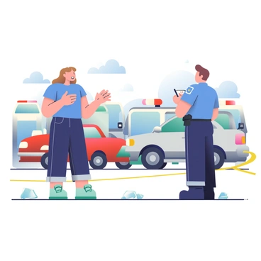 A witness with light brown hair is standing beside a police officer at the site of a car accident. The witness is wearing a blue t-shirt and dark jeans, gesturing with their hands as they describe what happened. The police officer, dressed in a blue uniform, is taking notes on a notepad. In the background, two damaged cars are visible, one silver and one red, surrounded by glass shards on the ground. Emergency vehicles with flashing lights are parked nearby, and yellow caution tape is stretched across the area. The scene is under a clear blue sky.