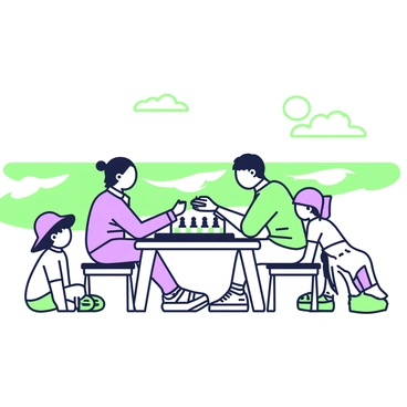A family is gathered around a table playing chess on a beach. The table is made of wood and has a chessboard positioned in the center. Two adults are seated across from each other, deeply focused on the game. One of the adults has short hair and is wearing a light shirt, while the other has long hair tied back, dressed in a casual outfit. Two children are sitting on the sides, eagerly watching the game. The children are both wearing hats to shield themselves from the sun. In the background, gentle waves are rolling onto the sandy shore, and there is a clear sky above. Sunlight casts soft shadows on the table and the players.
