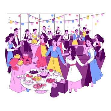 A vibrant wedding reception scene is filled with guests dancing joyfully under soft lighting. The guests are dressed in colorful attire, showcasing a mix of styles and designs. In the background, a live band is performing energetically, with musicians playing lively instruments. There are tables surrounding the dance floor, laden with an array of delicious food items, including fruits, pastries, and savory dishes, all presented elegantly. Bright decorations hang from the ceiling, adding a festive atmosphere to the occasion.