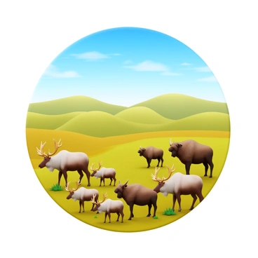 A tundra landscape with caribou, musk oxen, and sparse vegetation