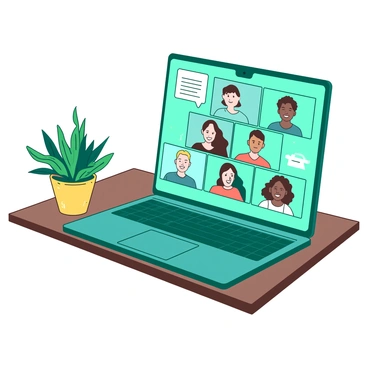 A teal laptop is open on a wooden desk, displaying several video feeds on its screen. The video feeds feature individuals engaged in a virtual meeting, each shown in a small rectangular frame. One of the frames on the left side is empty, indicating a missing participant. The individuals in the other frames are diverse, with different expressions and backgrounds, contributing to a lively atmosphere. A small houseplant sits next to the laptop, adding a touch of greenery to the scene.