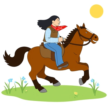 A young cowgirl with tan skin and long black hair is riding a brown horse across an open field. The cowgirl is wearing a light blue plaid shirt, a brown leather vest, and denim jeans. Her red bandana is tied around her neck, fluttering in the wind as she rides at a quick pace. The horse's mane is also blowing in the breeze, and tufts of grass and wildflowers are visible in the vibrant green field. The sun is shining brightly, illuminating the scene with a warm glow.