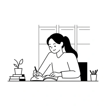 A person sitting at a wooden desk, with a large window behind them. They are writing in an open journal, their pen poised above the page. The person's hair is pulled back, and they are dressed in a comfortable sweater. The desk has a small plant in a pot, a stack of books, and a cup filled with pens next to the journal. The light from the window casts a soft shadow on the desk surface.
