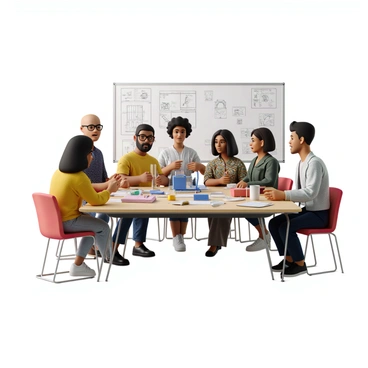 A diverse group of five innovators from various backgrounds gathered around a large table covered with blueprints and prototype materials. Each person is engaged in discussion, pointing at different elements on the table. There is a woman with curly hair wearing glasses, a man with a shaved head and tattoos, a woman with long straight hair in a colorful dress, a man with a beard wearing a lab coat, and a non-binary person with dyed hair and a patterned shirt. Various tools, such as a 3D printer and electronic components, are scattered across the table, and a whiteboard in the background is filled with sketches and ideas.