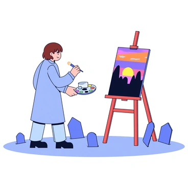 An artist is standing in front of an easel, painting a scene depicting "a sunset over a cemetery". The artist has short brown hair and is wearing a light blue smock. The easel holds a canvas that shows "a twilight sky with hues of orange and purple". In the background, there are several gravestones, some upright and some leaning, silhouetted against the vibrant sky. The artist's palette is filled with a range of colors, and there is a paintbrush in their hand as they focus on capturing "the beauty of remembrance". The ground is covered with soft grass, and there are gentle shadows cast by the gravestones.