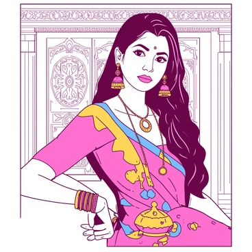 A woman is wearing a vibrant lehenga with intricate patterns and bright colors. She has elegant jewelry adorning her neck, ears, and wrists, catching the light in the ornate setting. The background features detailed carvings and rich textures that enhance the overall composition. The woman is striking a confident pose, showcasing the beauty of her attire and accessories while maintaining direct eye contact with the viewer.