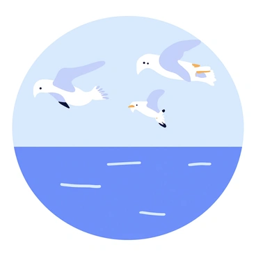 A group of seagulls soaring gracefully above a calm sea. The seagulls have white bodies with gray wings spread wide as they glide through the air. Below them, the water reflects light, creating gentle ripples. In the background, there is a distant horizon where the sea meets the sky, with a soft gradient transitioning from light blue above to deep blue below.