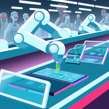 A close-up view of a factory assembly line with advanced robotic machines assembling sleek electronic gadgets. The machines are equipped with articulated robotic arms, precisely placing components onto circuit boards. A variety of electronic gadgets, including smartphones and tablets, are lined up on conveyor belts, each undergoing a different stage of assembly. Bright lights illuminate the workspace, reflecting off shiny metal surfaces and screens. Workers in the background are monitoring the machines, wearing safety goggles and uniforms, ensuring a smooth operation.