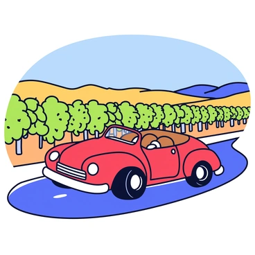 A scenic road trip view of a vineyard from inside a classic car with the windows down.