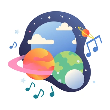 A group of colorful planets is arranged in a circular formation, each planet displaying distinct hues and textures. The largest planet is deep blue with swirling white clouds, while a smaller planet nearby is vibrant orange with a rocky surface. There is a lush green planet with bright rings surrounding it, and a shimmering silver planet reflecting light. Below the planets, musical notes in various sizes float gracefully, creating a sense of rhythm and movement. The background features a dark, starry sky filled with twinkling stars, enhancing the feeling of a cosmic celebration.