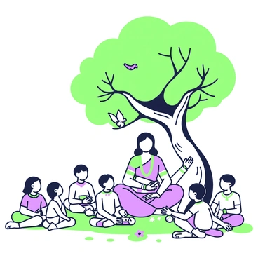 A scene depicting "Goddess Lakshmi" sitting gracefully beneath a large banyan tree. She is surrounded by several children, who are attentively listening to her teachings. The banyan tree features a thick trunk and sprawling roots, providing shade to the gathering. Goddess Lakshmi is adorned with traditional attire and jewelry, holding a lotus flower in one hand. The children, a mix of boys and girls, are seated on the ground, with some holding notebooks and pencils. The atmosphere is lively, with birds perched on the branches above and small flowers scattered on the ground around them.