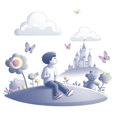 A child is sitting on a grassy hill, surrounded by a vibrant landscape. The sky is filled with swirling clouds that resemble fantastical creatures. Around the child, oversized flowers bloom with intricate petal designs and whimsical shapes. In the distance, a castle made of candy stands with turrets and flags. Playful animals, like a flying elephant and a dancing bear, frolic nearby. The child is gazing in awe, with a look of wonder on their face, while colorful butterflies flutter above them.