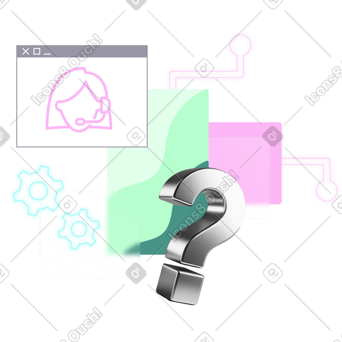 Ilustração de Serviço suporte online e perguntas frequentes em no estilo Chromed para baixar em PNG, SVG