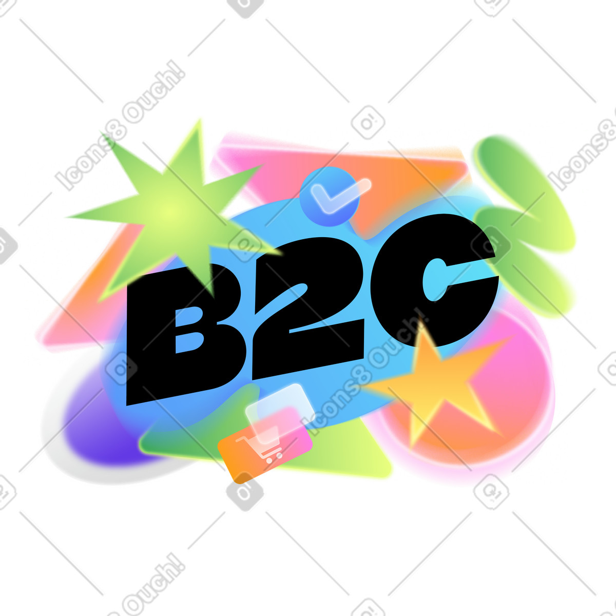 下载 Typography 风格的 带有购物车符号和复选标记文本的字母 b2c 插画，支持 PNG、SVG 格式