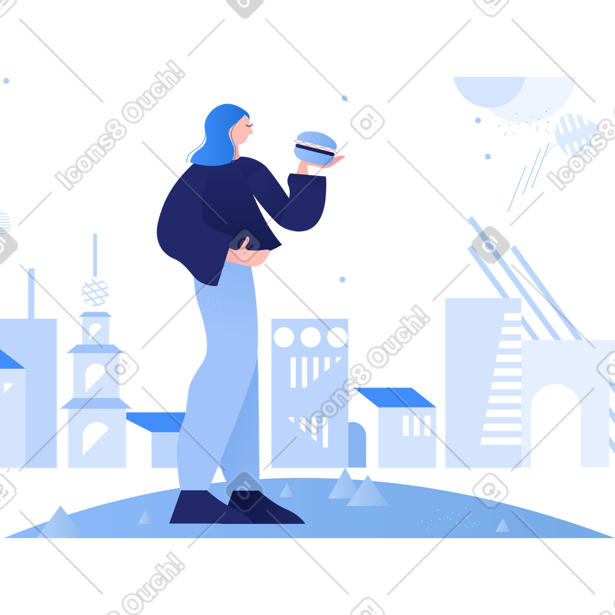Illustration Femme mangeant un hamburger en ville dans le style Clip à télécharger aux formats PNG, SVG