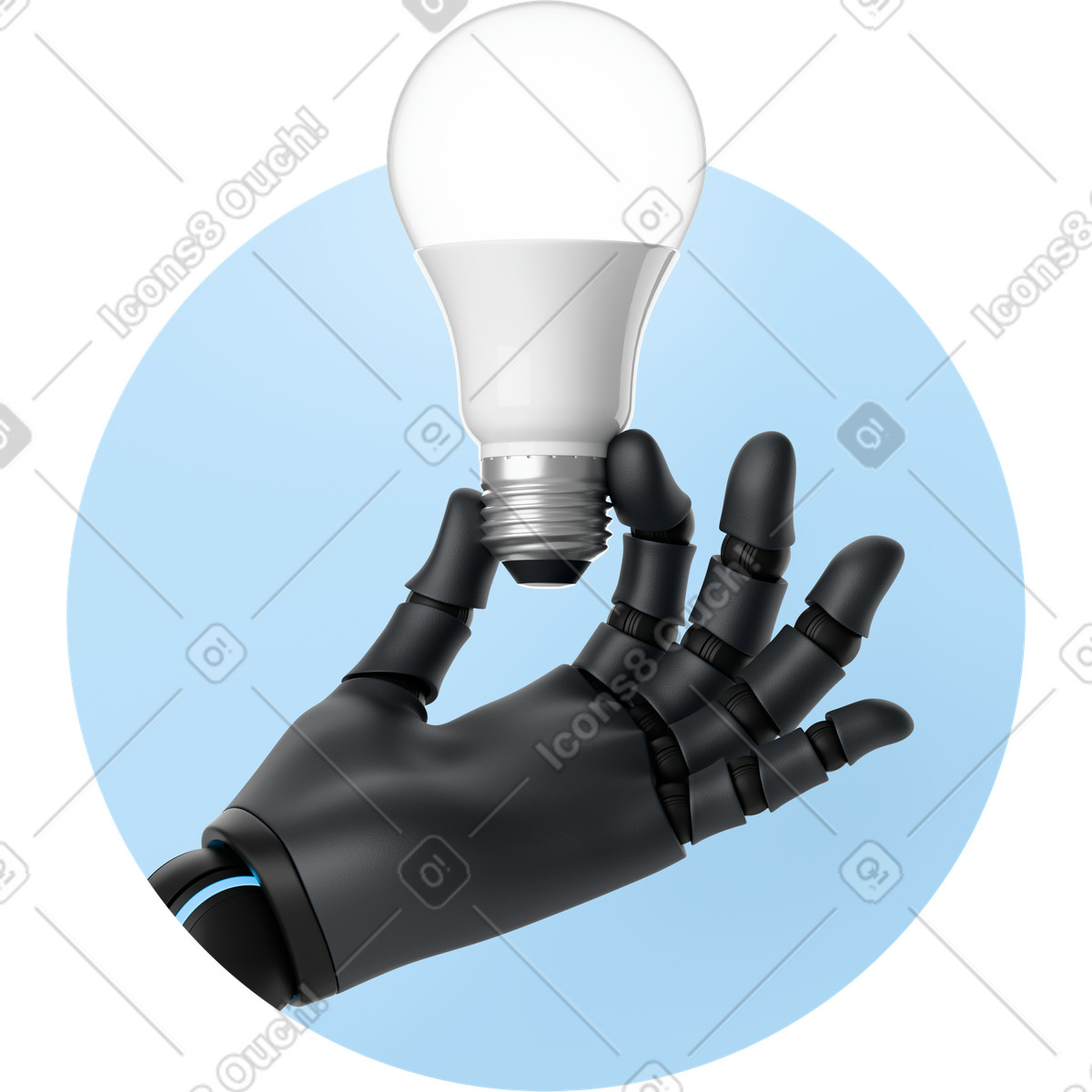 Mano di robot agente ai nera che tiene una lampadina illustrazione in stile 3D Business scarica in PNG, SVG