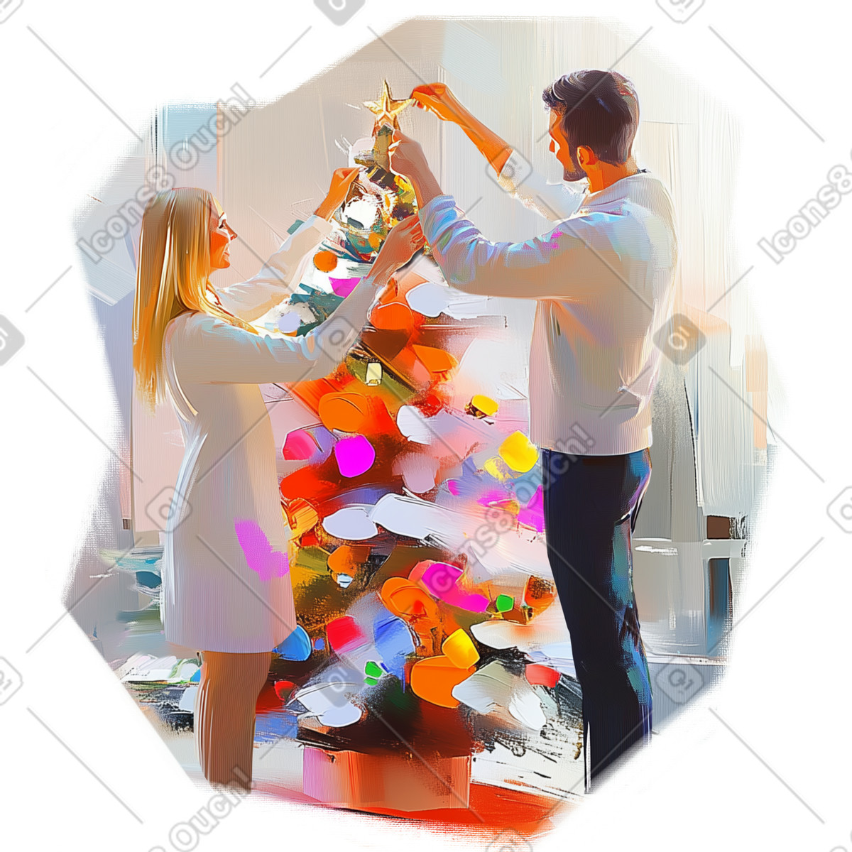Ilustração de Pintura a óleo casal decorando árvore natal em no estilo Pictorial para baixar em PNG, SVG
