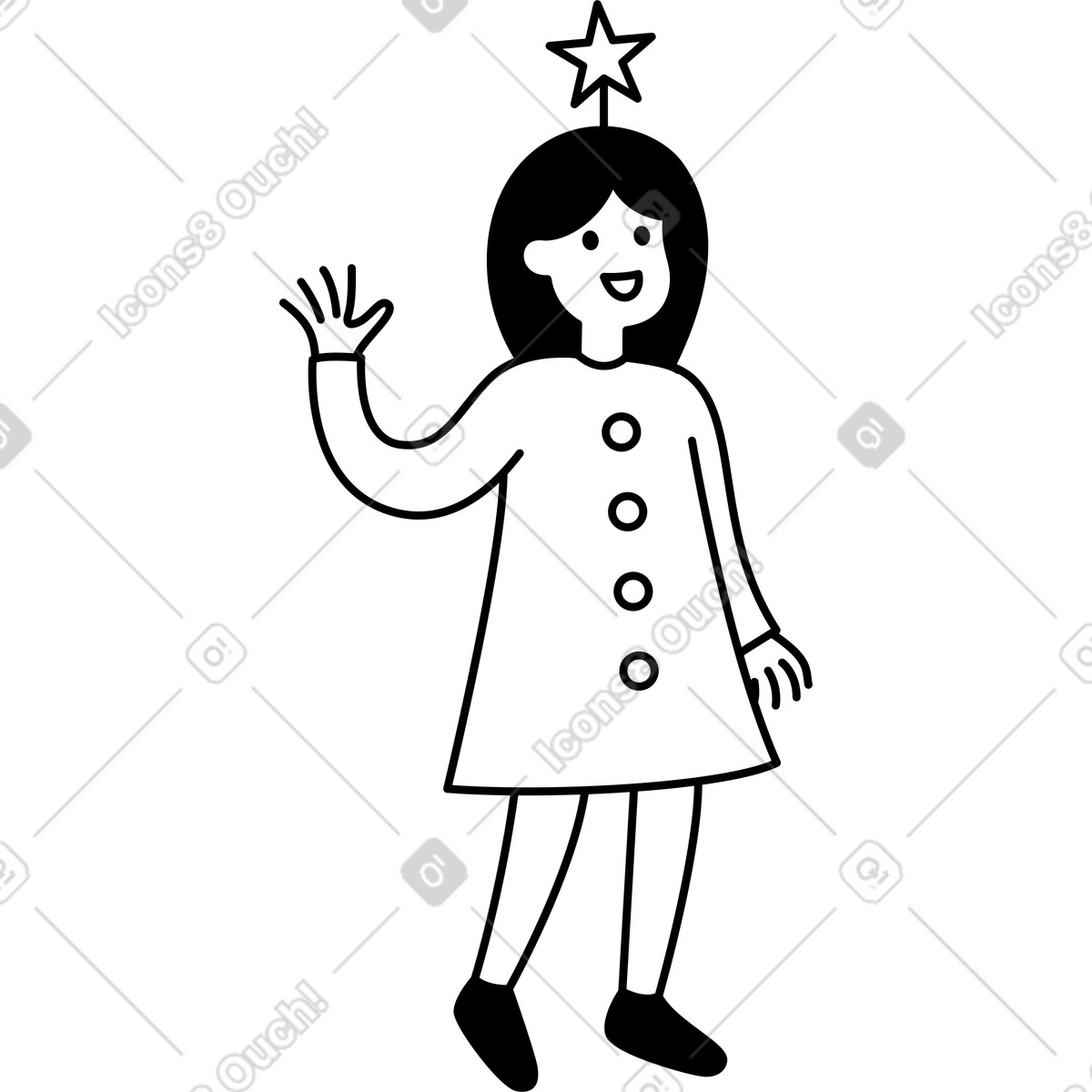 Notion Line Art スタイルの Christmas tree costume character waving hand with star on head のイラストをPNG、SVG形式でダウンロード