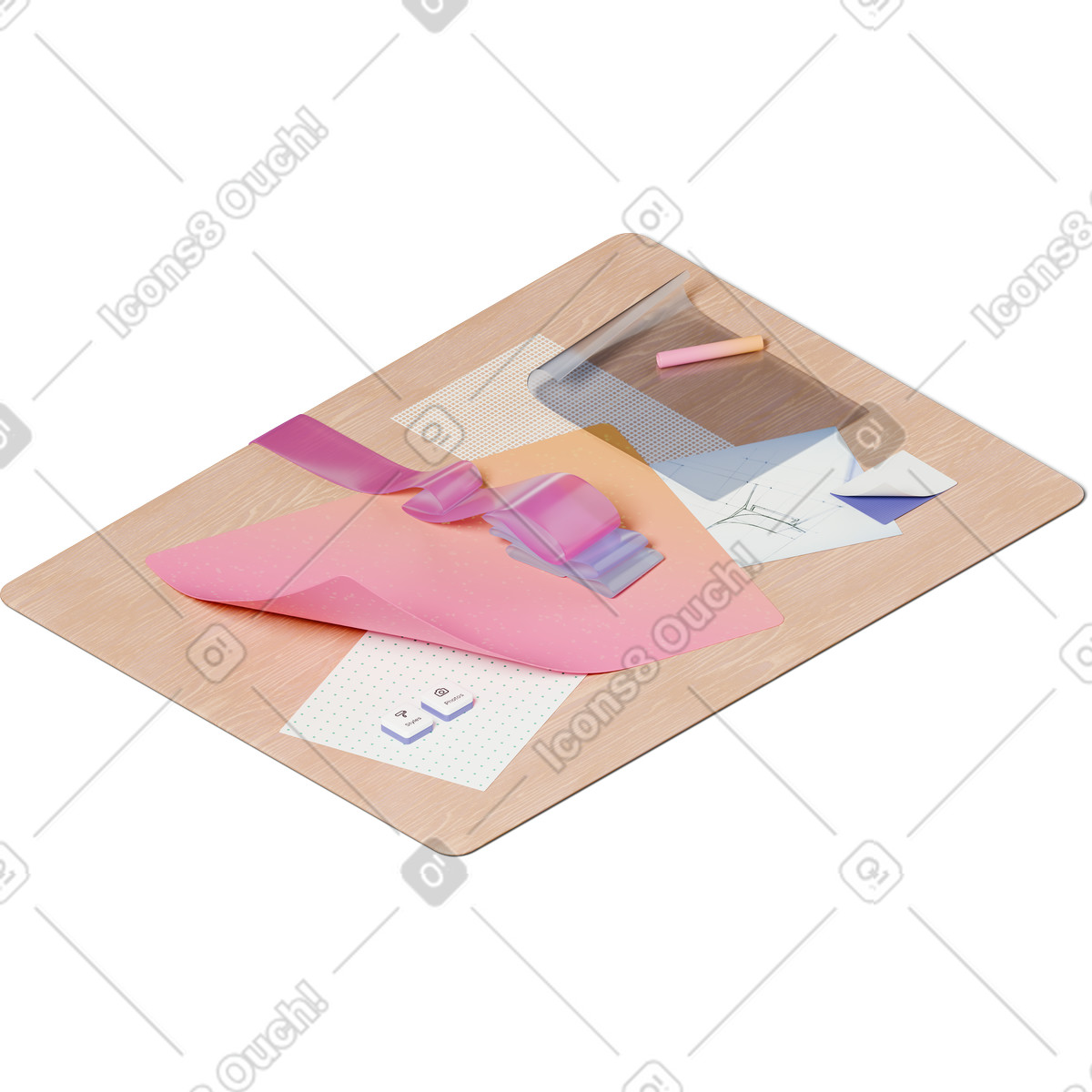 下载 3D Hygge 风格的 Isometric view of desk with papers and ribbon 插画，支持 PNG、SVG 格式