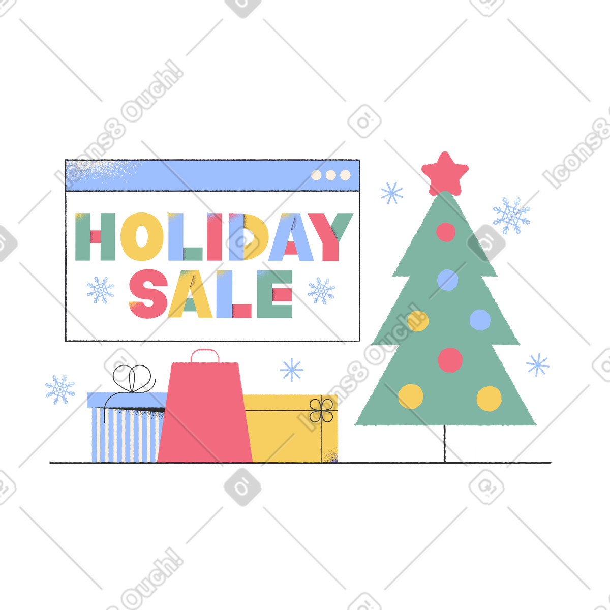 Lettering holiday sale con albero di natale e regali illustrazione in stile Pablo scarica in PNG, SVG