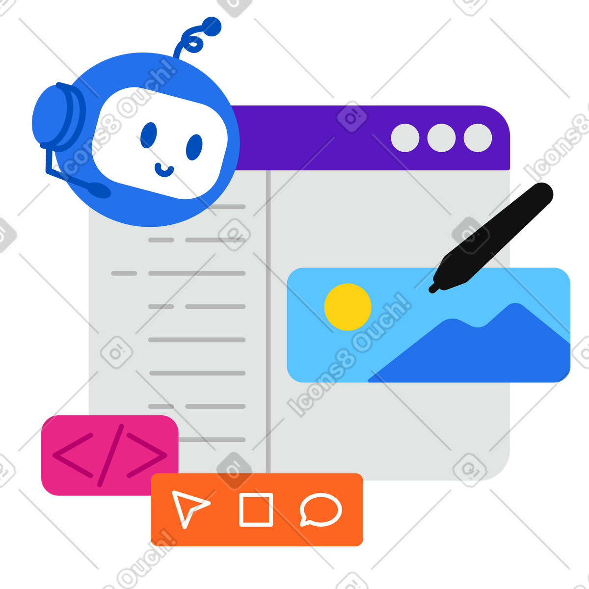 Active スタイルの ボットアシスタントを使用して web サイトを作成する のアニメーションイラストをGIF、Lottie (JSON)、AEでダウンロード