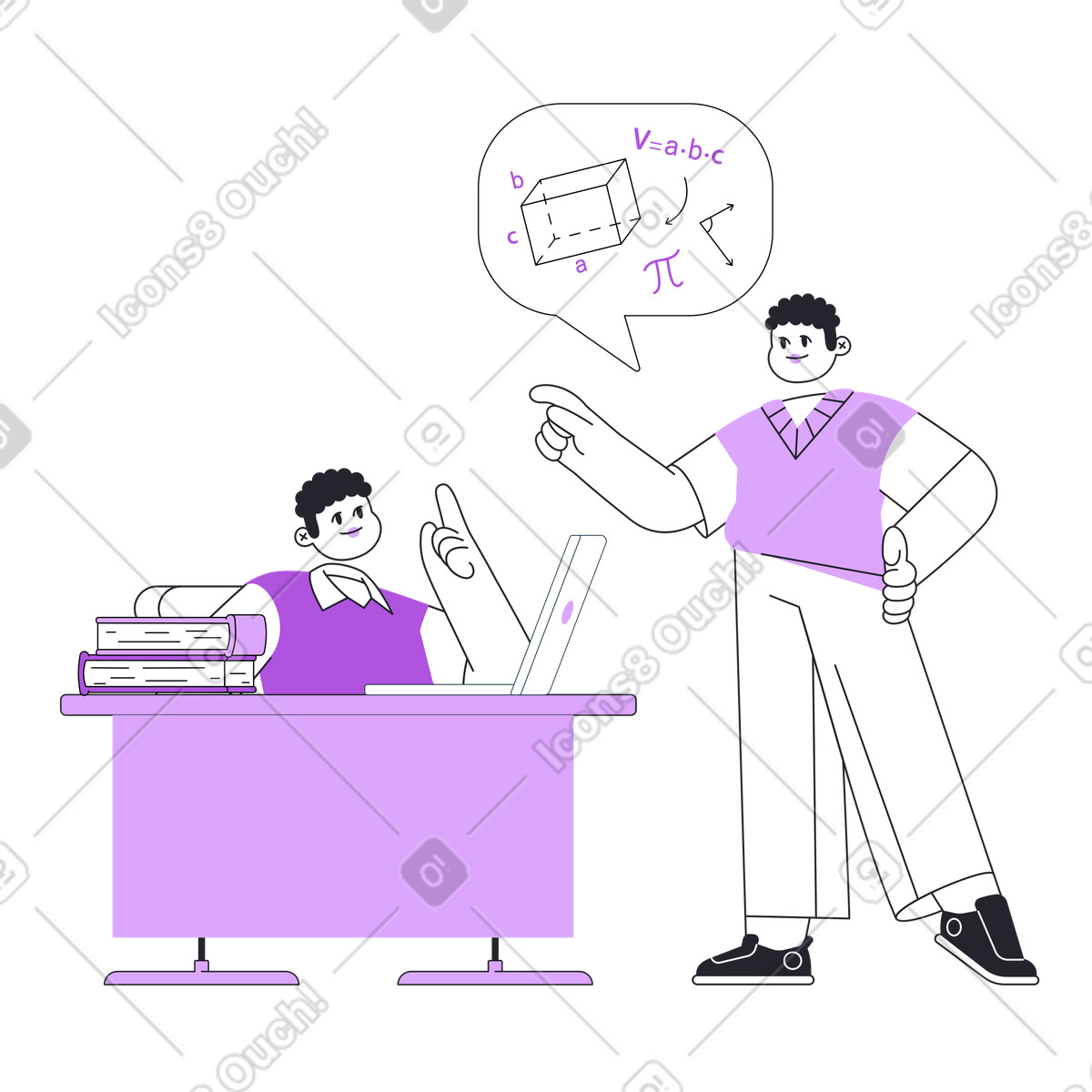Ilustración Student at desk with teacher instruction, Math lesson in school classroom en estilo Grapy a descargar en PNG y SVG