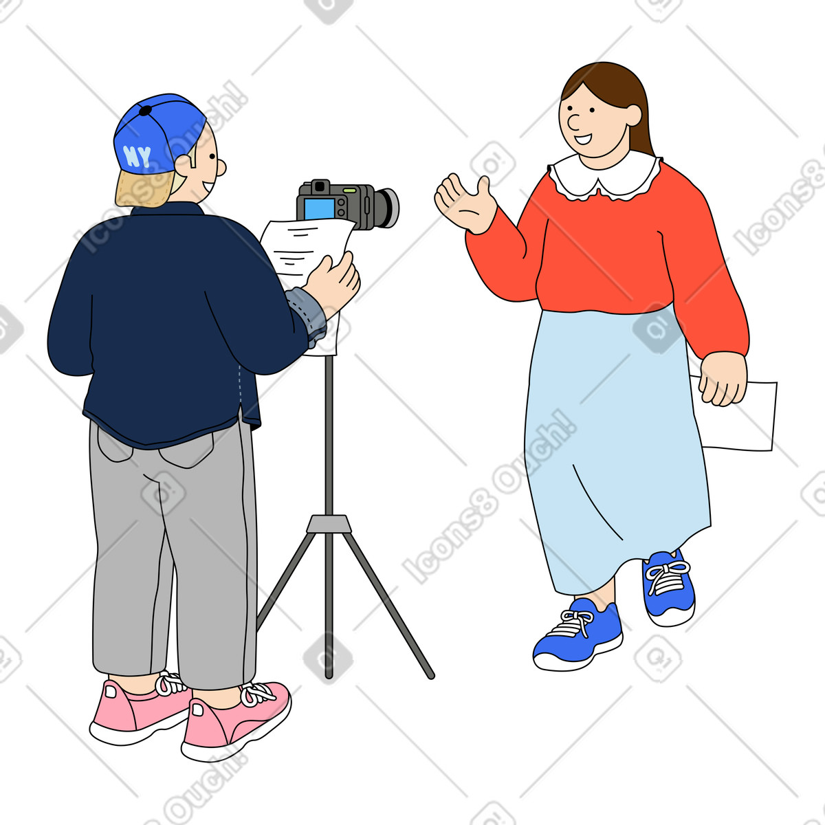 Illustration Un réalisateur donnant des instructions à une actrice devant la caméra dans le style Kindy télécharger aux formats PNG, SVG