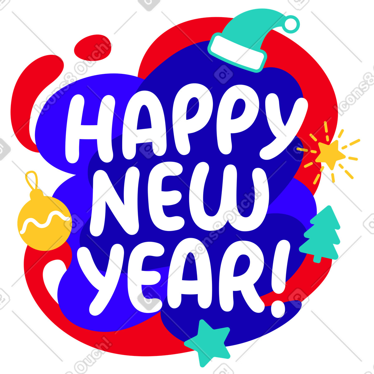 Ilustración Happy New Year lettering with festive icons, Holiday greeting en estilo Rocky a descargar en PNG y SVG