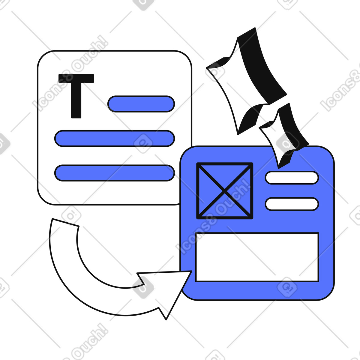 Ilustración Content migration between text document and web page layout interface en estilo Main a descargar en PNG y SVG