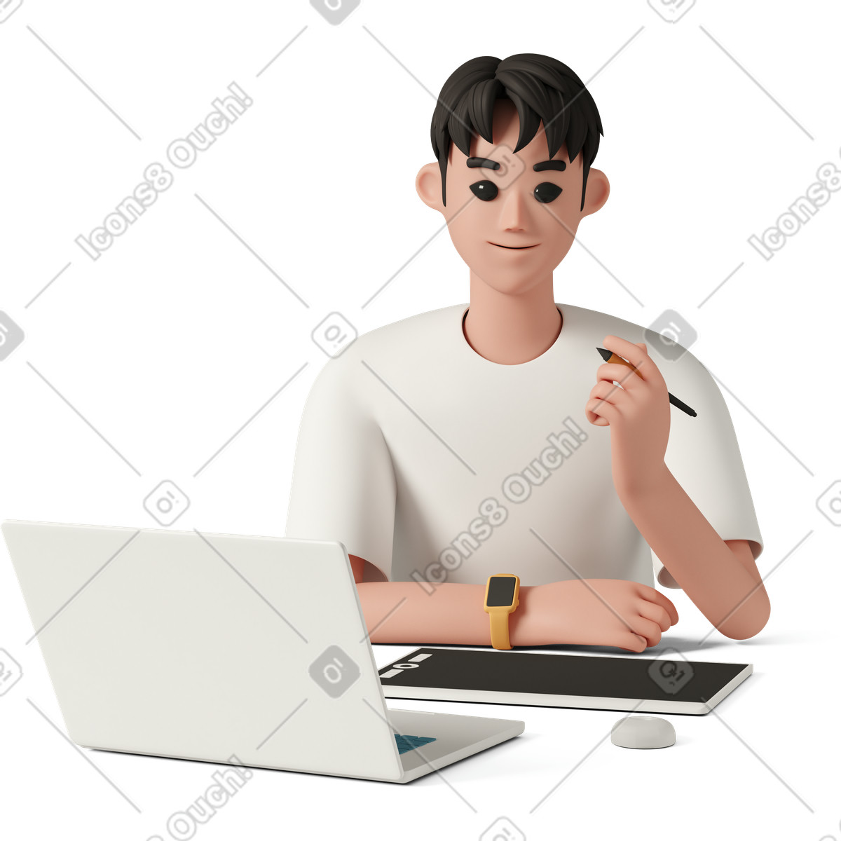 Young male designer working on drawing tablet using stylus pen-Illustration im 3D Casual life-Stil als Download in PNG, SVG