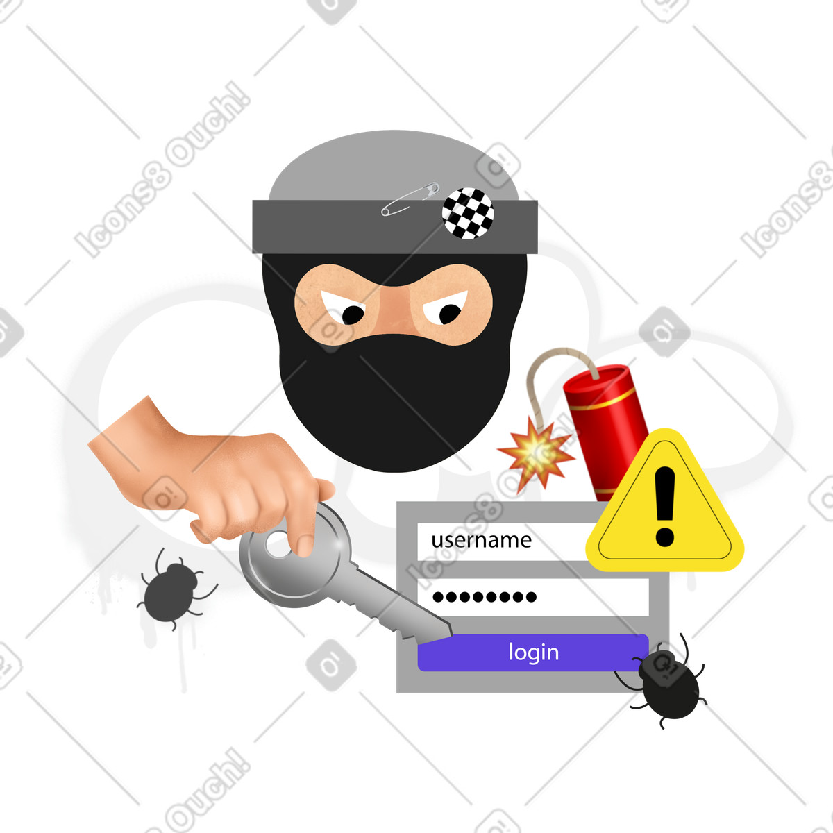 Man in a thief mask hacking an account illustration Jumble style download PNG, SVG