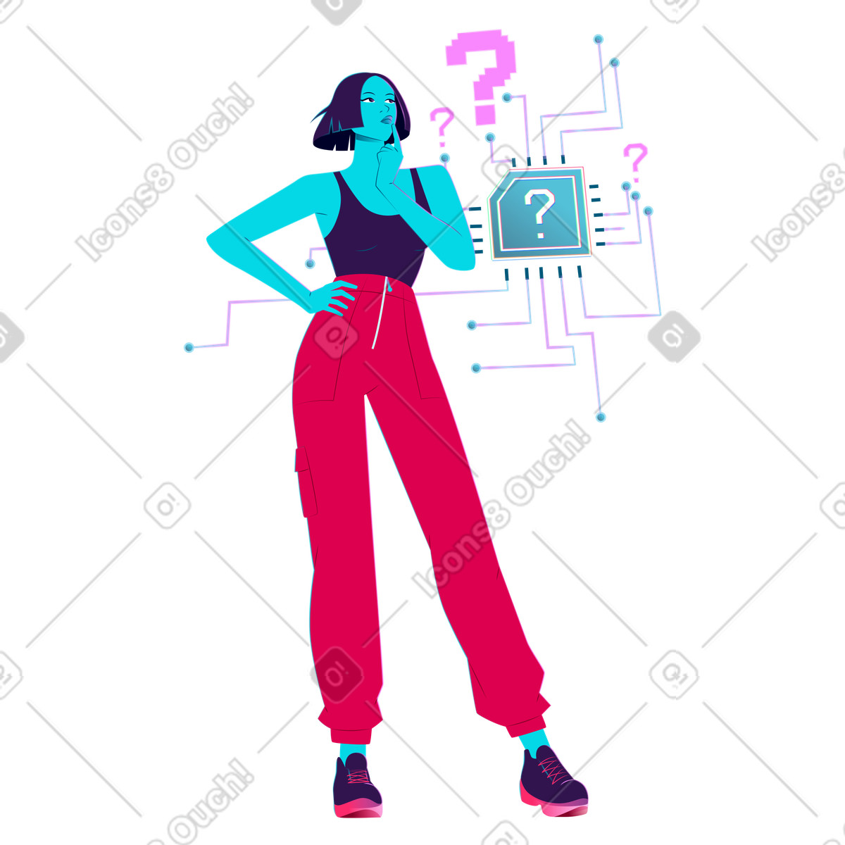 Looking at question signs and thinking, Seeking answers finding solutions animated illustration in Neon style download in GIF, Lottie (JSON), AE