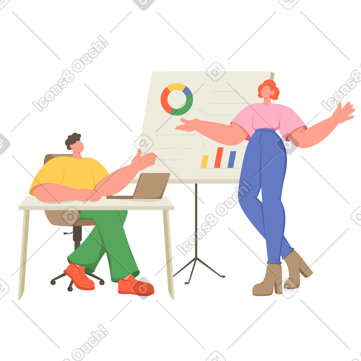 Social スタイルの Colleagues analyzing charts at presentation board, Collaborative business analytics のイラストをPNG、SVG形式でダウンロード