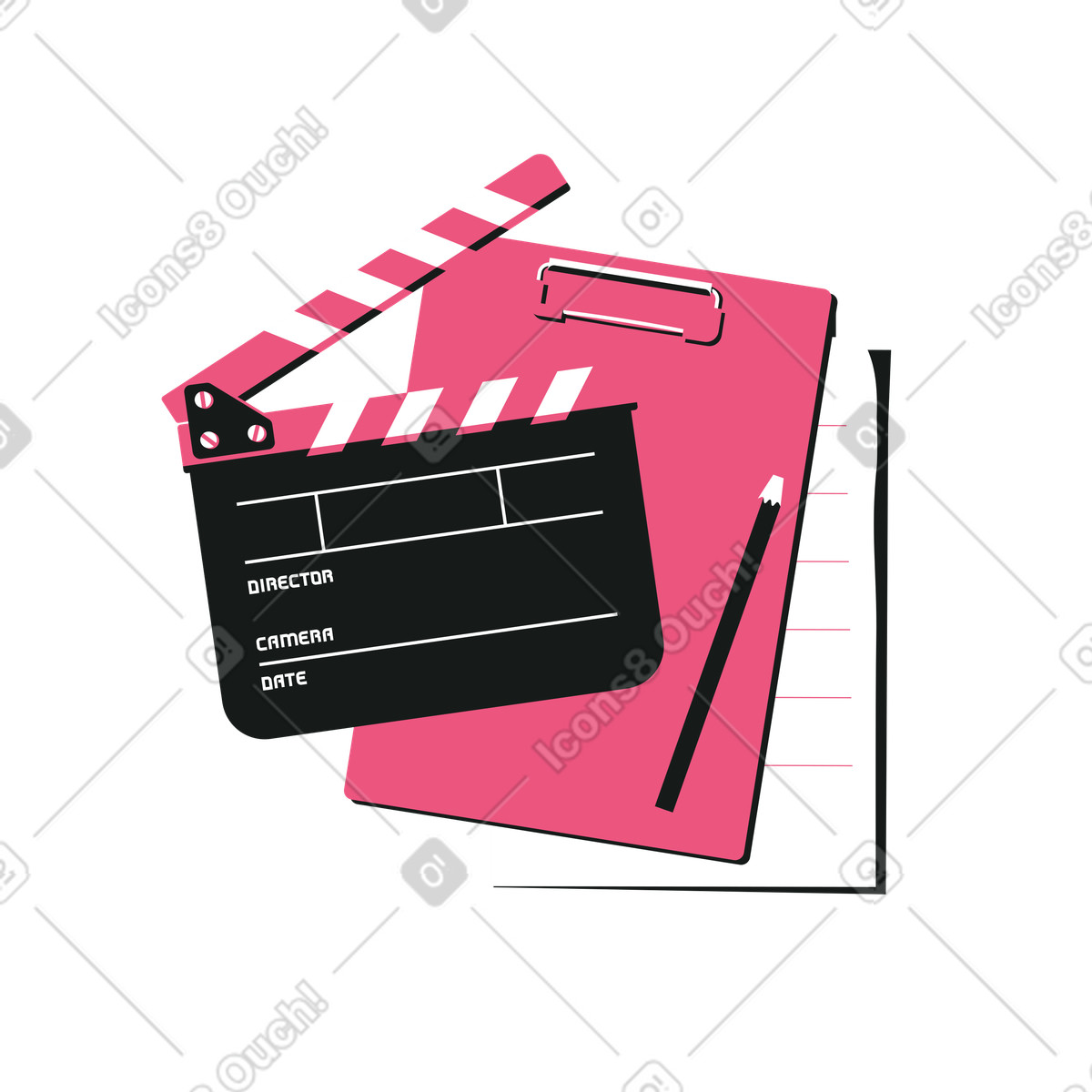 Lounge スタイルの 映画カチンコ、クリップボード、クリップと鉛筆 のイラストをPNG、SVG形式でダウンロード