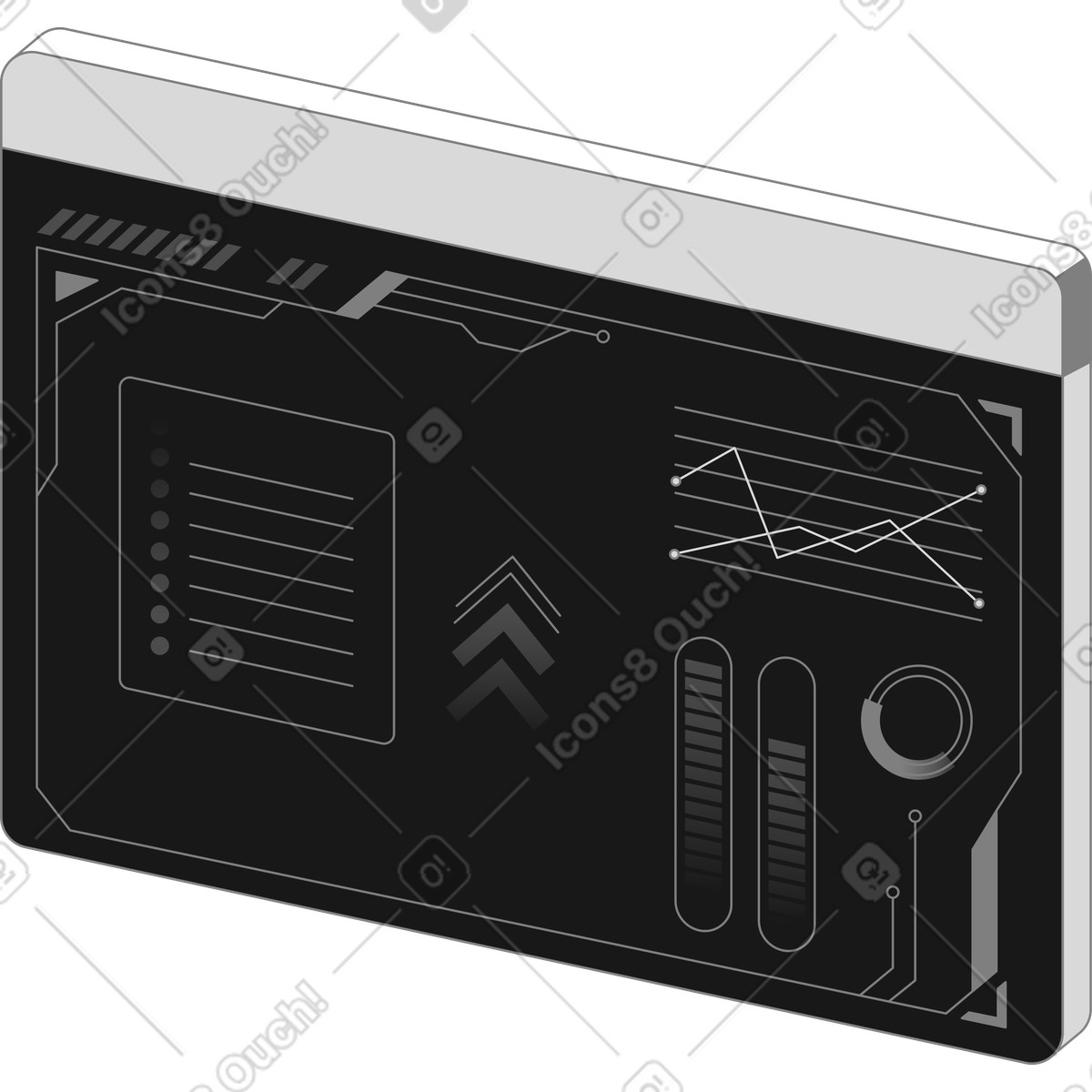 Futuristic スタイルの Dashboard dark mode analytics interface with charts and data widgets のイラストをPNG、SVG形式でダウンロード