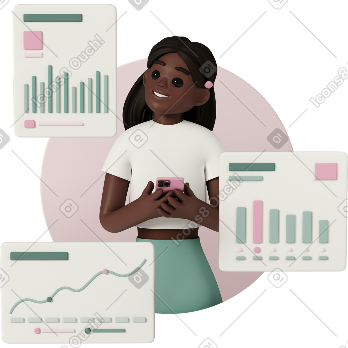 3D Casual life スタイルの Young girl analyzes graphs on her mobile のイラストをPNG、SVG形式でダウンロード