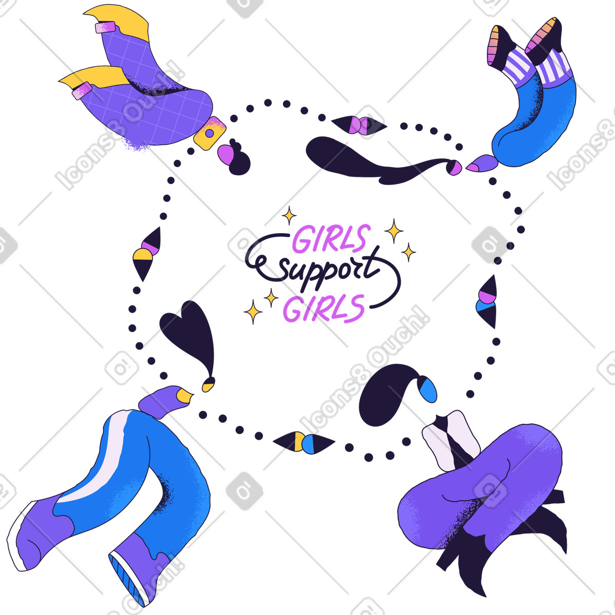 Illustration Abstract girls holding hands in circle, solidarity and support network dans le style Conifer à télécharger aux formats PNG, SVG