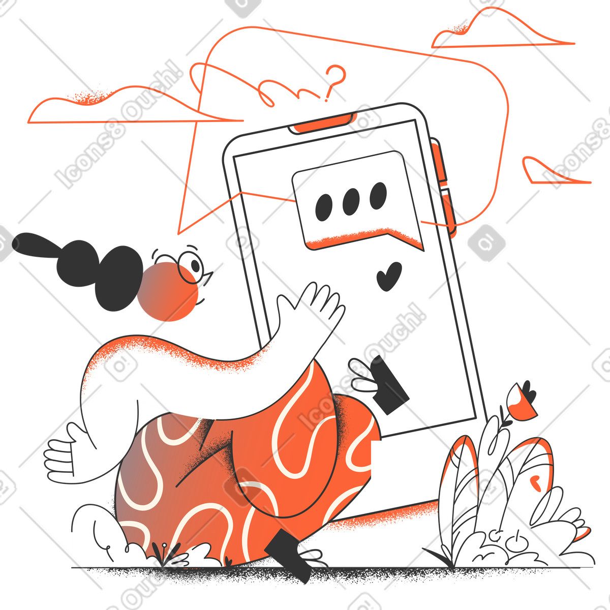 Ilustración Mujer usando un mensajero en teléfono inteligente estilo Crayon a descargar PNG y SVG