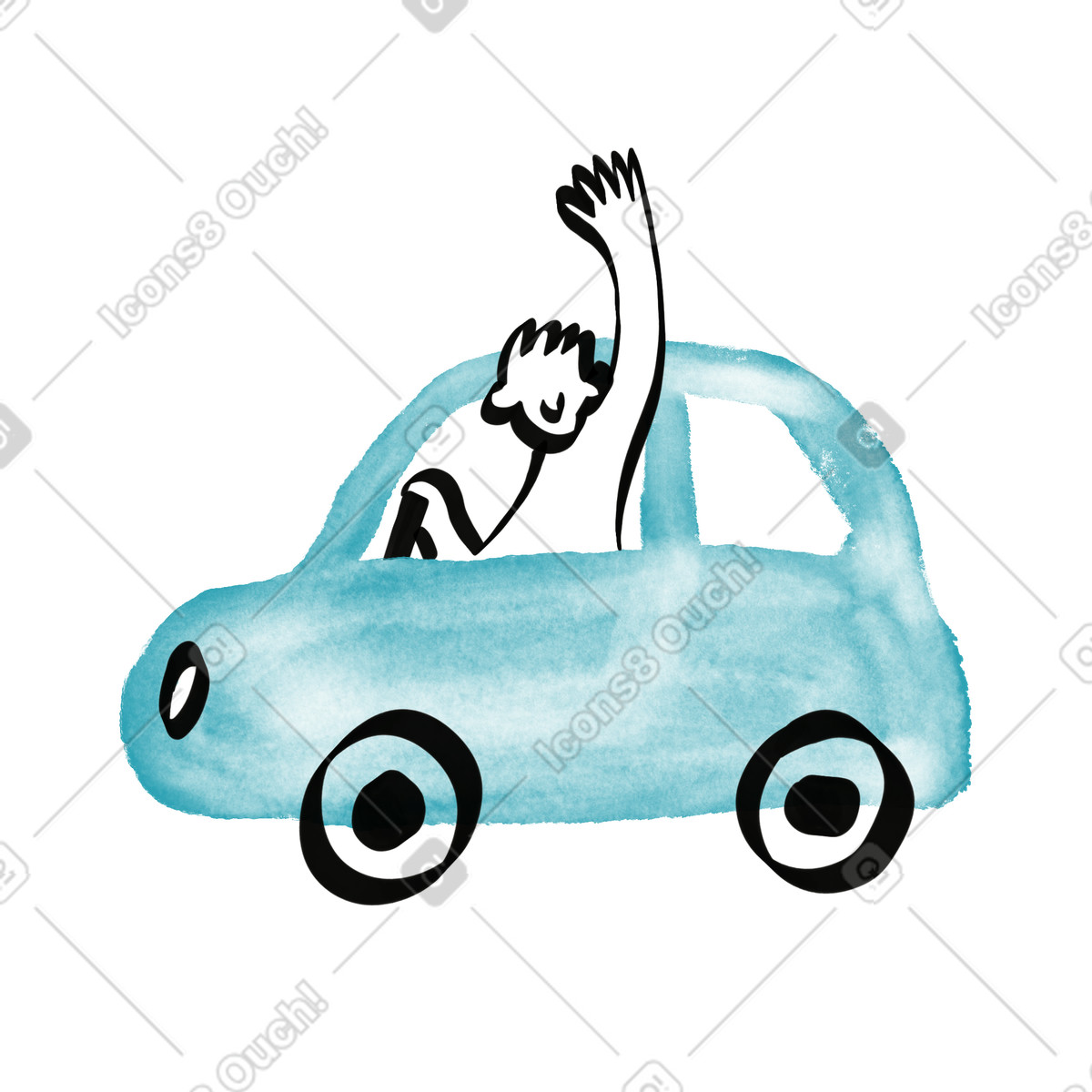 下载 Watercolor sketch 风格的 Car driver waving hand cheerfully through open side window 插画，支持 PNG、SVG 格式