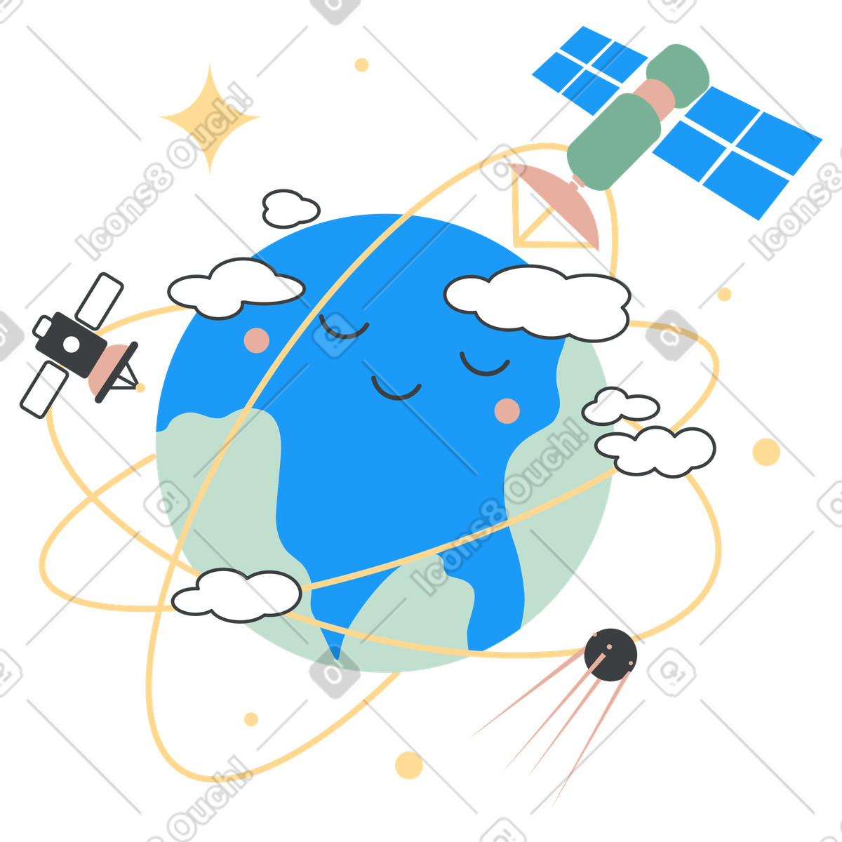 Satellite technologies illustration for children's topics, featuring education technology clipart images in PNG