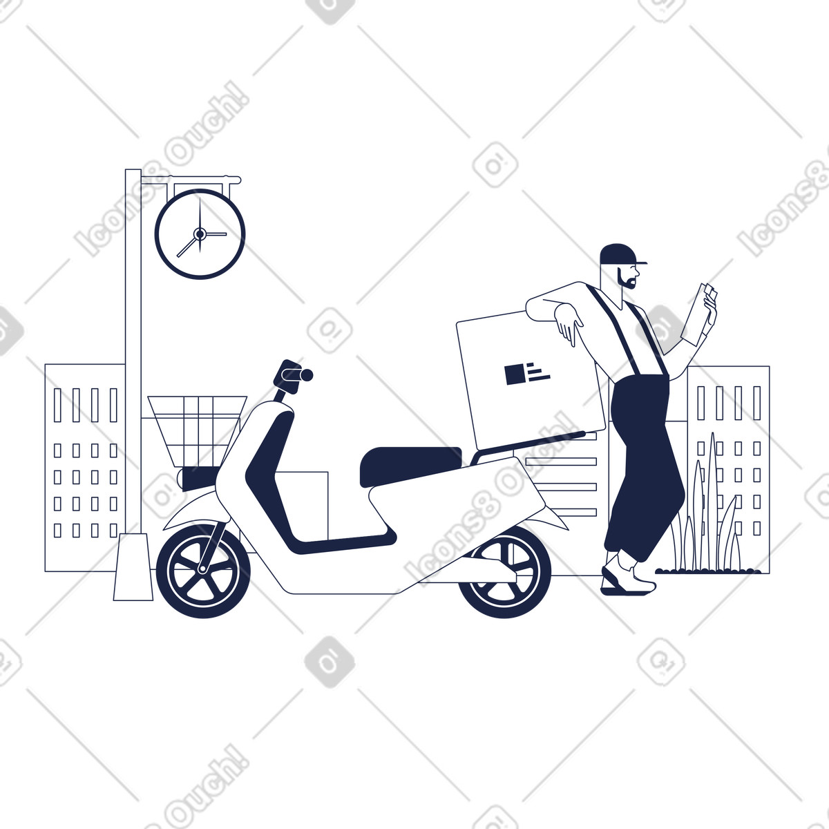 Illustration Delivery worker with parcel by scooter, Fast shipping or express courier dans le style Urban Line à télécharger aux formats PNG, SVG