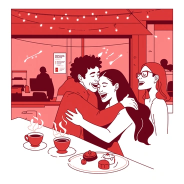 A group of friends joyfully reuniting at a café after many years apart, embracing each other.