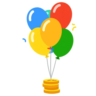 A cluster of colorful balloons in various shades of red, blue, yellow, and green, tied together with shiny ribbons. The balloons are buoyantly floating upward, pulling along a shiny stack of gold coins. The coins gleam in the sunlight, creating reflections that add to their brightness. The scene is set against a clear blue sky, emphasizing the uplifting motion of the balloons as they carry the coins higher.