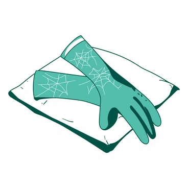 A pair of elegant gloves with a delicate spider web print is resting on a soft white velvet pillow. The gloves are intricately designed, showcasing fine details of the spider web pattern in shades of teal. The velvet pillow adds a luxurious touch, highlighting the gloves' intricate craftsmanship and texture. The composition is balanced, with the gloves elegantly draped over the pillow, creating a visually pleasing arrangement.