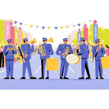 A military band is playing instruments during a parade, positioned on a wide, colorful street lined with spectators. The band consists of uniformed musicians wearing crisp, matching uniforms in navy blue with gold accents. They are playing various instruments, including brass trumpets, shiny trombones, and large drums. The drummers are energetically striking their drums, while the brass players are lifting their instruments confidently. Bright flags are waving in the background, and there are banners with "Welcome" and "Celebration" displayed along the route. The audience is clapping and cheering, creating a lively atmosphere.