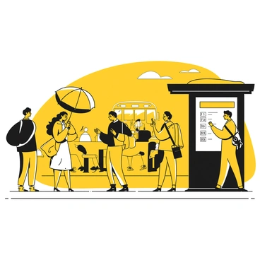 A busy city bus stop with several people standing and waiting. Some individuals are checking their watches while others are engaged in conversation. A woman is holding a yellow umbrella that contrasts with her black coat. A man with a backpack is scrolling on his phone. There is a schedule sign displaying bus times next to the stop. In the distance, a bus can be seen approaching, with its headlights on, indicating its arrival. The scene conveys a sense of anticipation and movement.